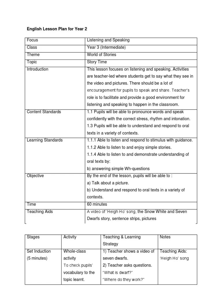 Lesson Plan Listening Speaking Snow White Teachers