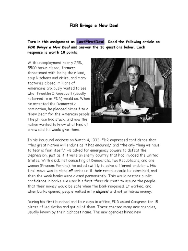 FDR Summary and Worksheet New Deal Franklin D. Roosevelt