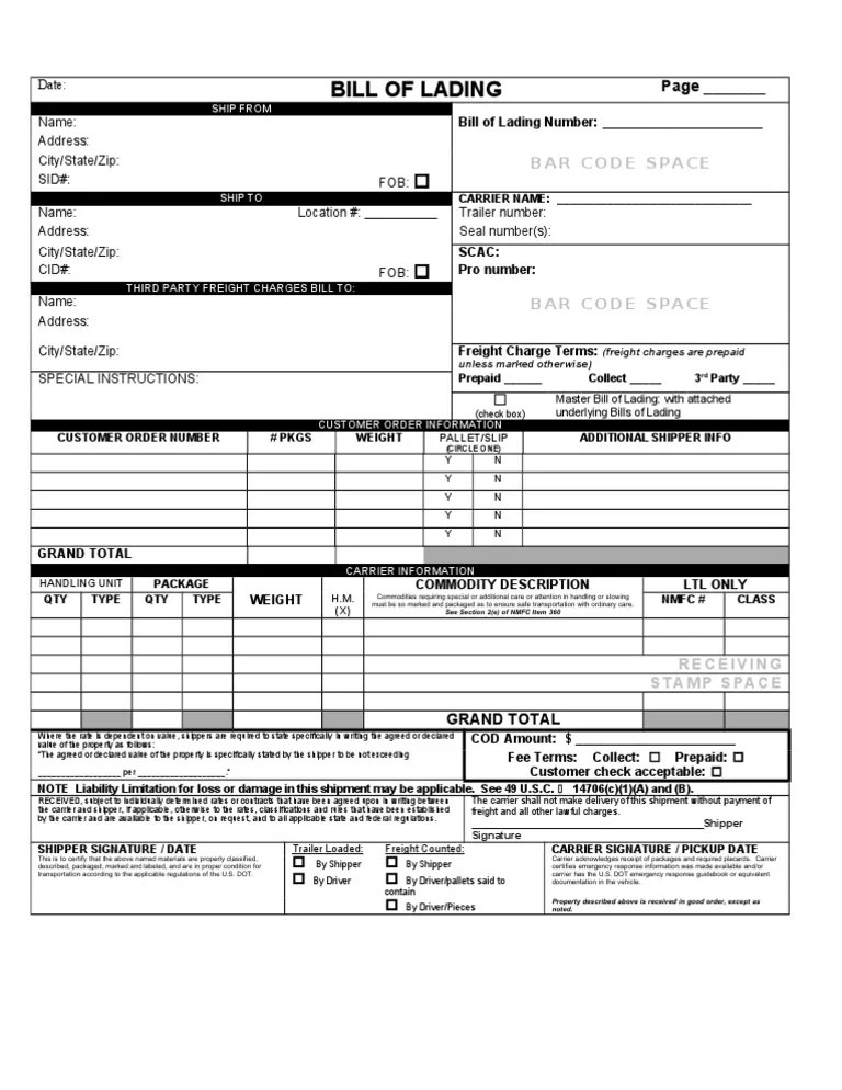 Blank Bill Of Lading (BOL) Form Cargo Services (Economics)