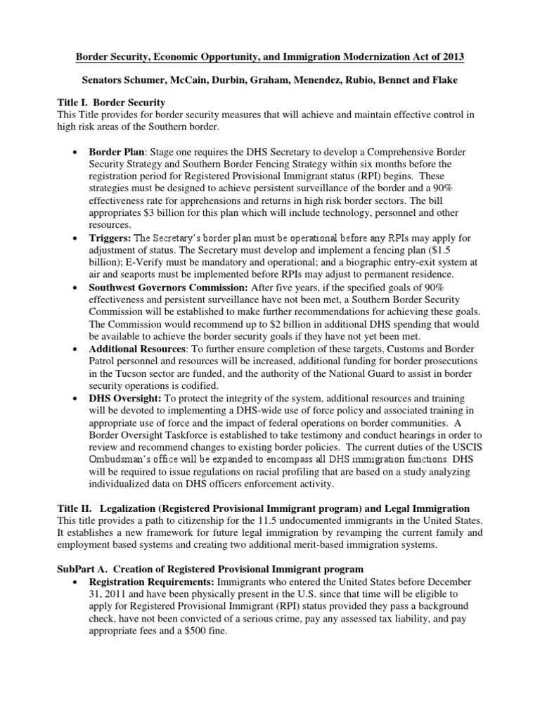 BSEOIM Immigration Bill Summary Permanent Residence (United States