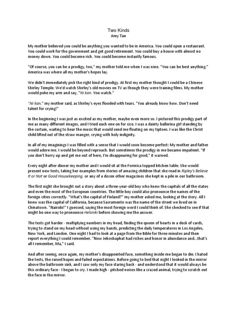 TWO KINDS by AMY TAN Leisure Entertainment (General)