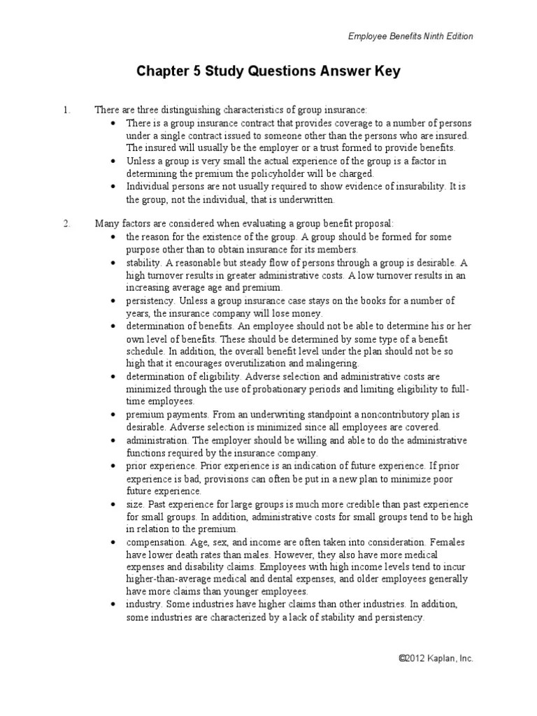 Chapter 5 Study Questions Answer Key PDF Insurance Life Insurance