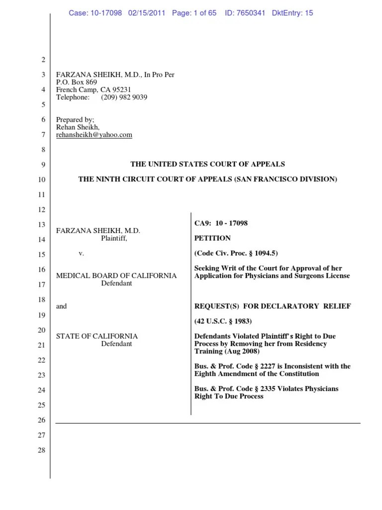 Petition Farzana Sheikh V Medical Board of California Ninth Circuit Court PDF Federal