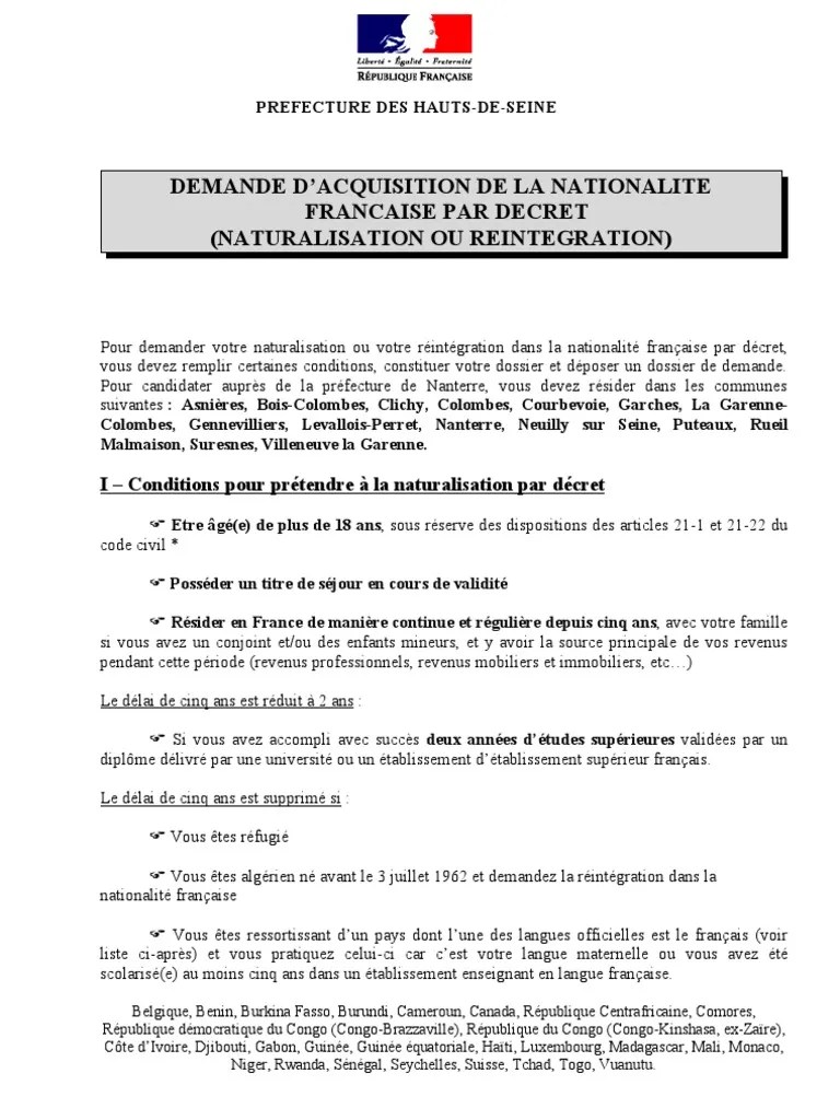 NANTERRE Naturalisation Par Decret Liste de Pieces Jan2012