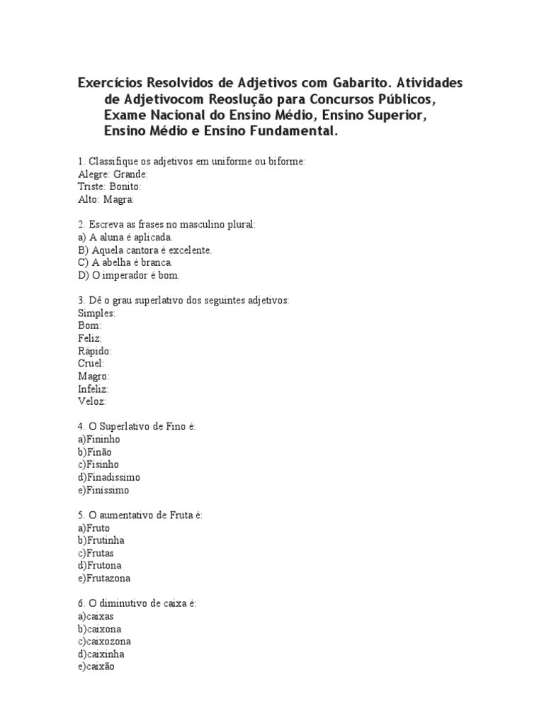Exercicios Resolvidos de Adjetivos Com Gabarito