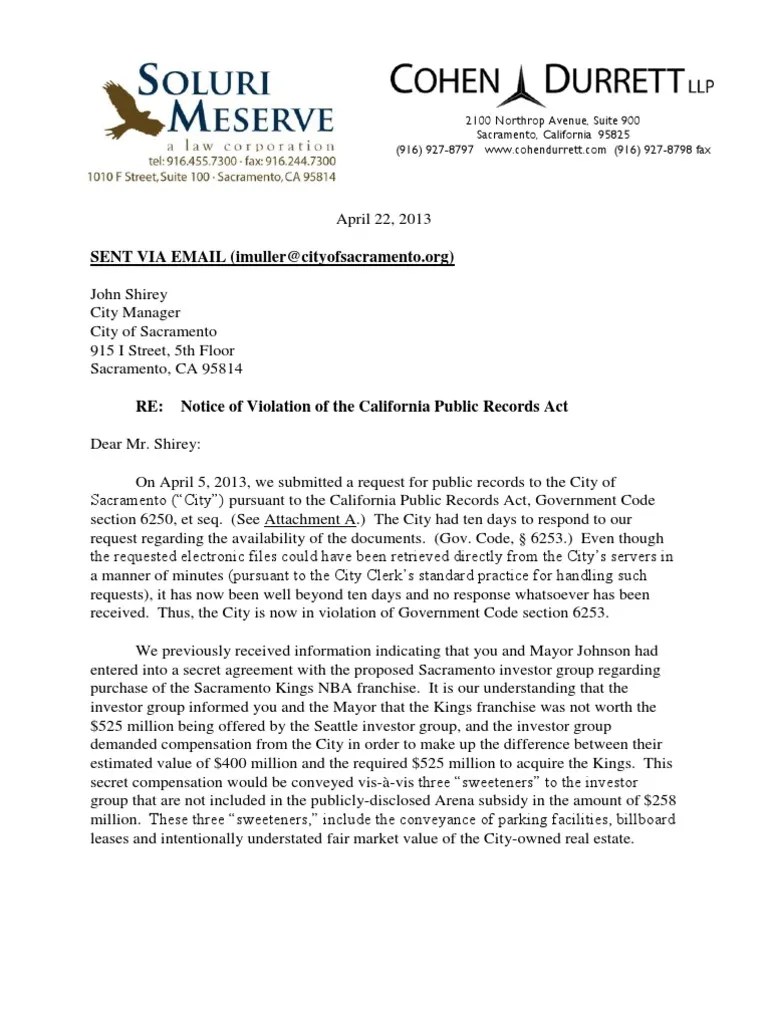 Notice Of Violation of the California Public Records Act Common Law