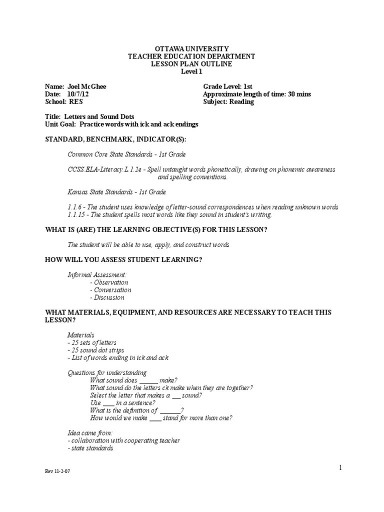 Lesson Plan Phonics PDF Phonics Lesson Plan