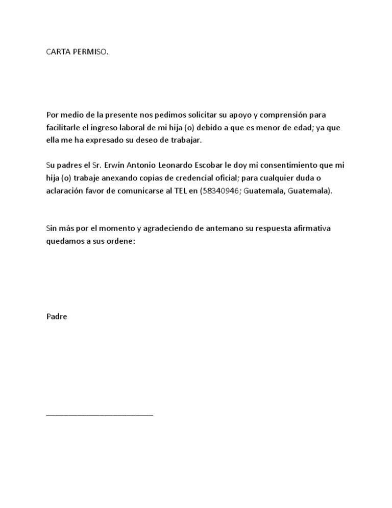 Carta De Permiso Laboral A Mi Hijo Formato