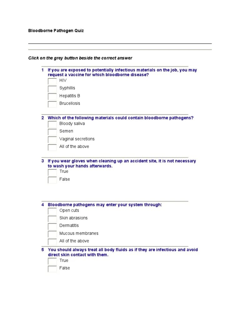 Bloodborne Pathogen Quiz | Public Health | Medical Specialties