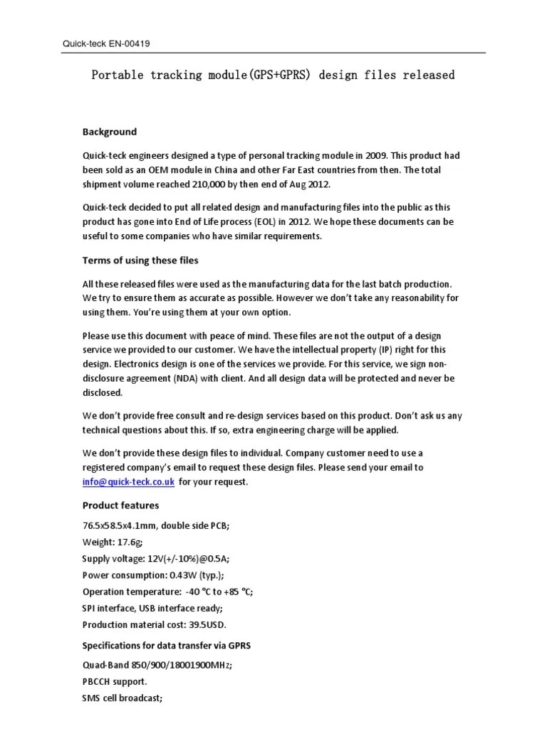 QuickTeck Design Document (GSM+GPS Tracking Module) PDF Non