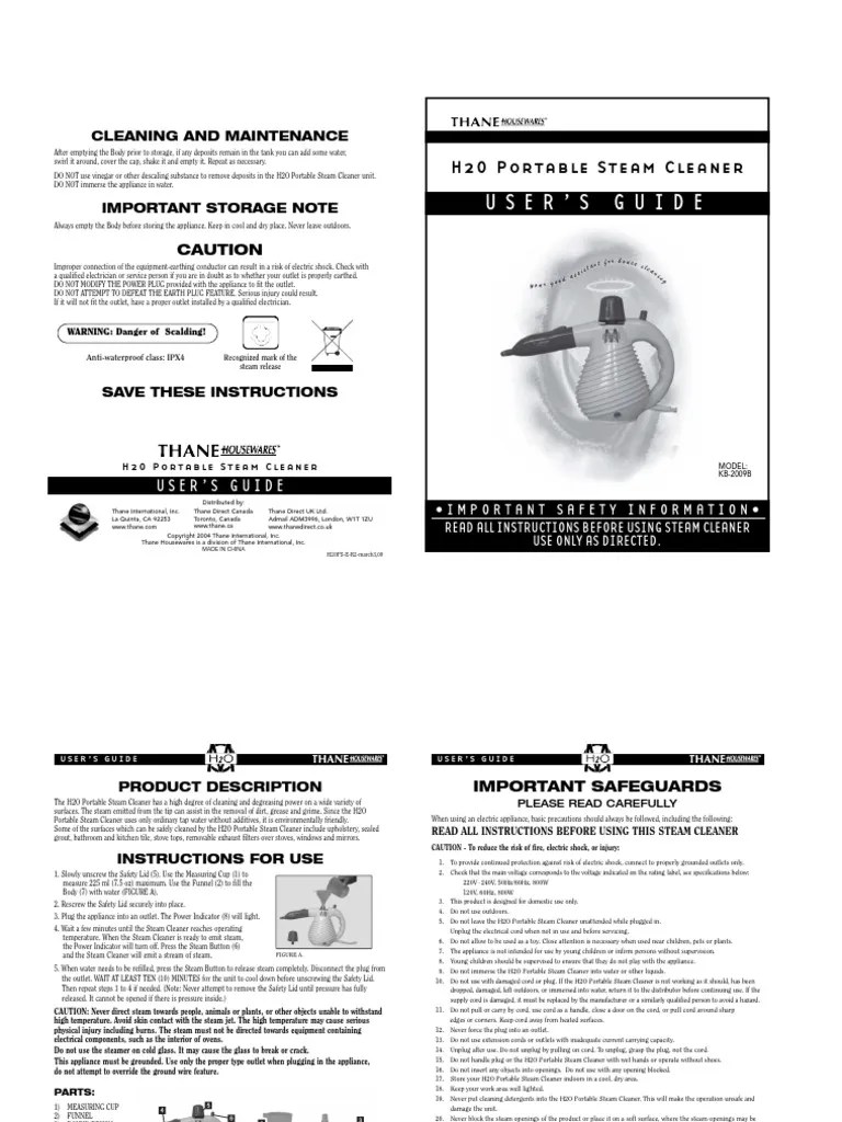 h2o Portable Steam Cleaner Manual Ac Power Plugs And Sockets Steam