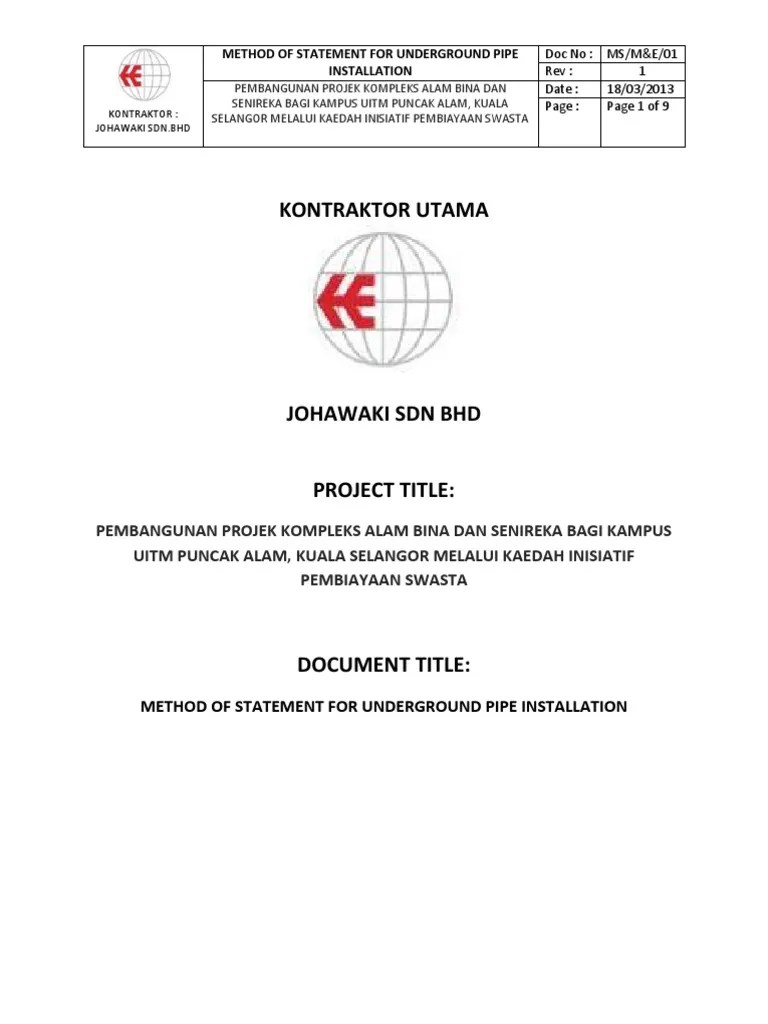 Underground Pipe Installation Method Statement PDF