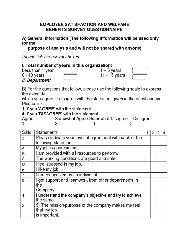 questionaire of Employee Satisfaction and Welfare Questionnaire Job