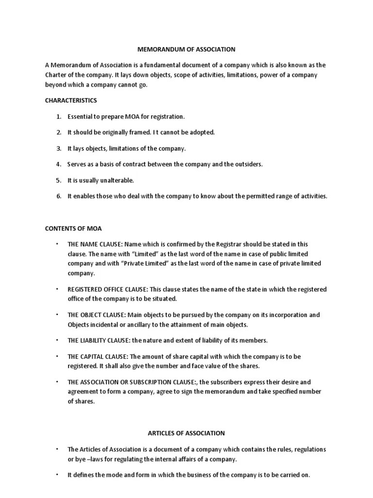 Memorandum of Association PDF Limited Company Articles Of Association