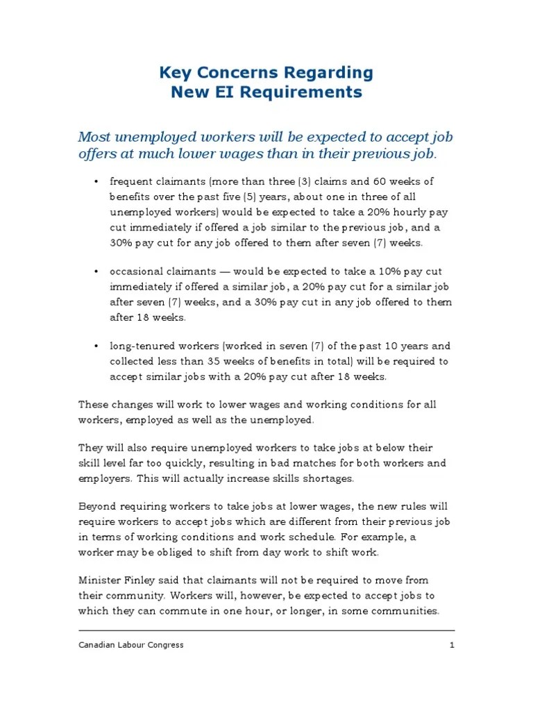 Key Concerns Regarding New EI Requirements PDF Labor Employment