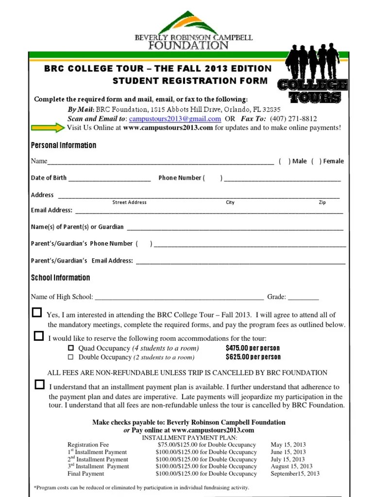 college tour student registration form fall 2013 Fee Email