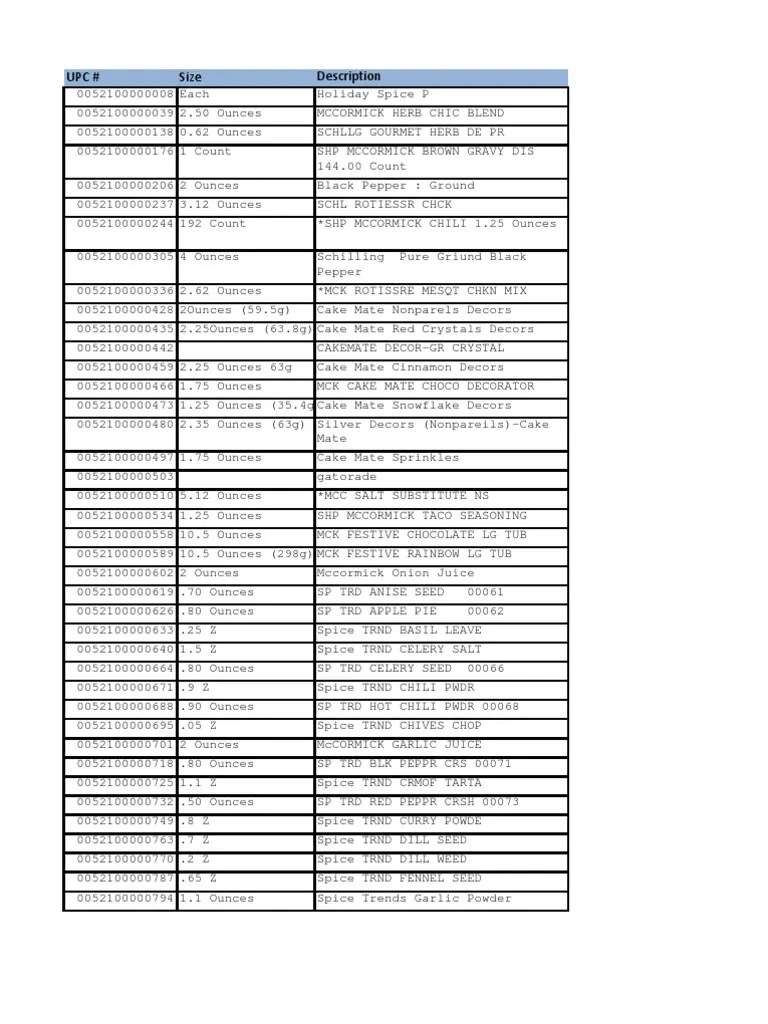McCormick 52100 UPC Codes Spice Tomato Sauce