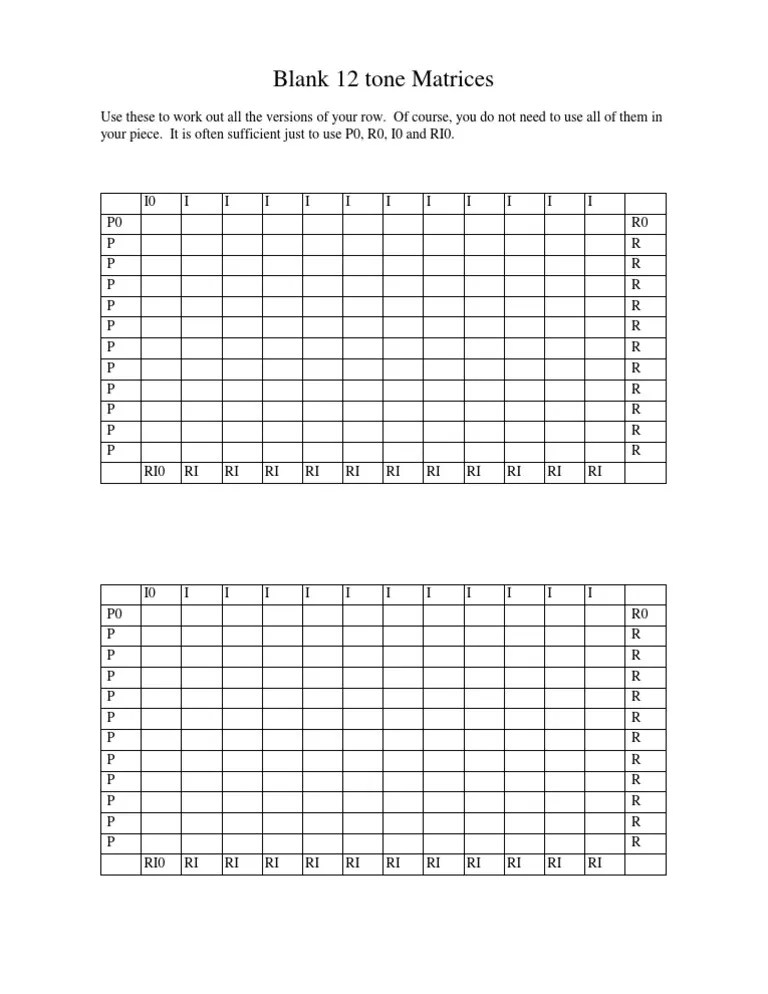 Blank 12 Tone Matrices Modernism (Music) Music Theory