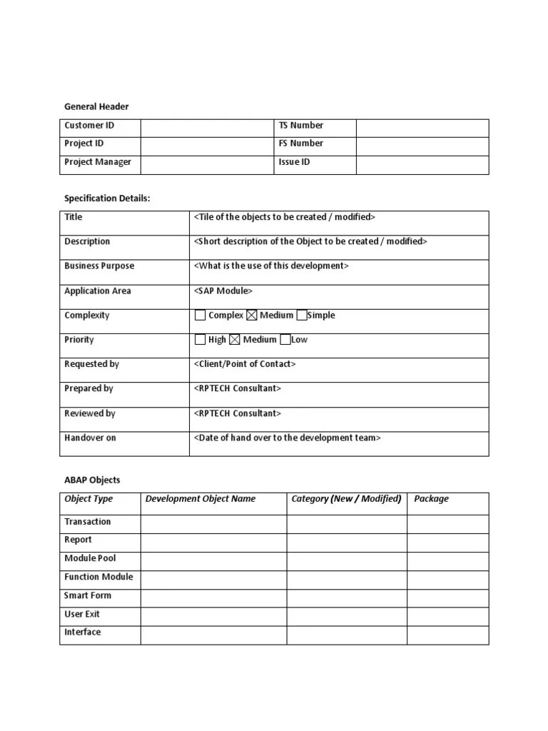 SAP Technical Specification Template PDF