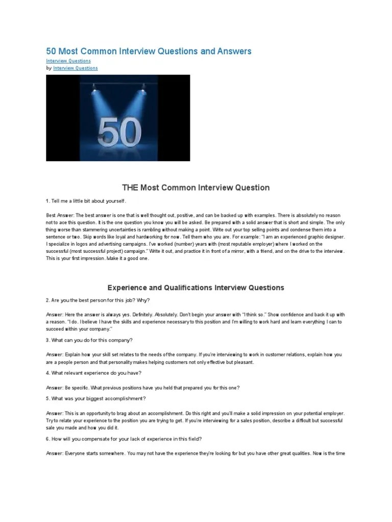 50 Most Common Interview Questions and Answers Question Job Interview