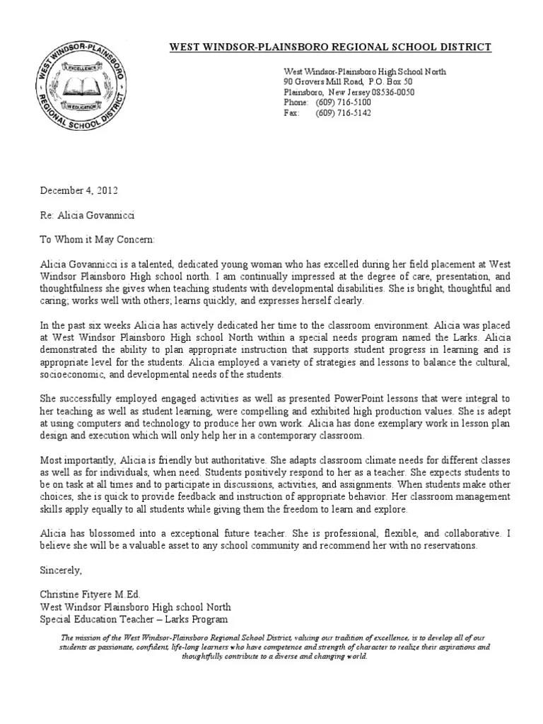 Letter Special Education Classroom Management