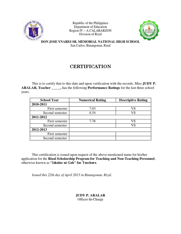 Certification of Performance Ratings PDF