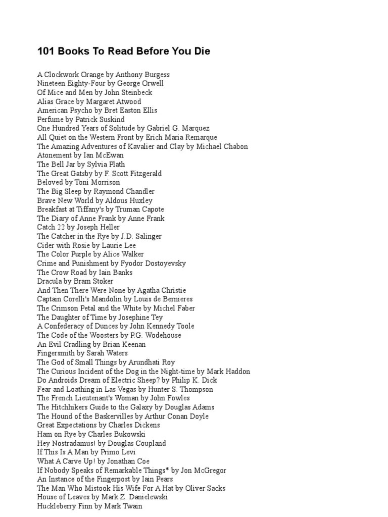 list of 101 Books to Read Before You Die Writers English Language