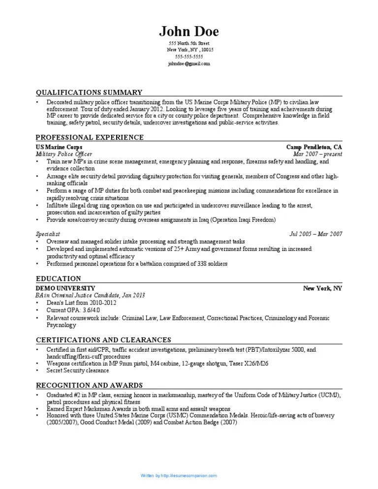 US Marine Corps Resume Example | Resume Companion