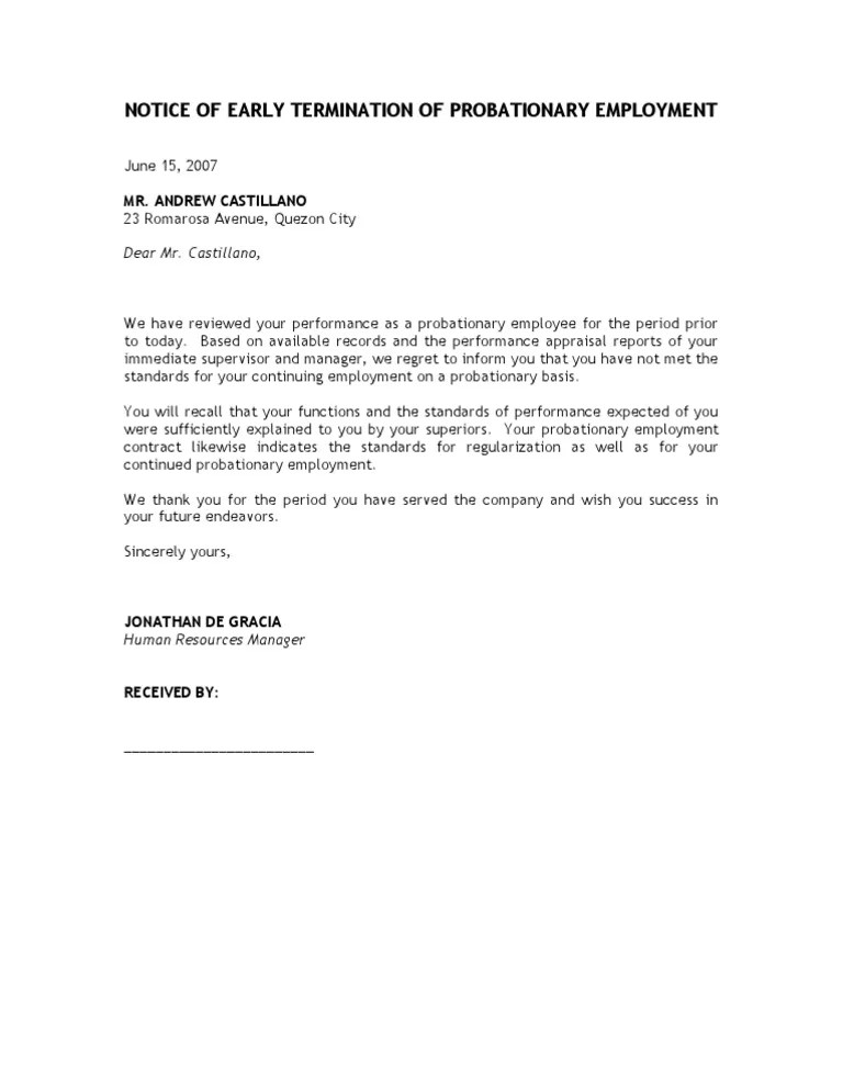 Notice of Early Termination of Probationary Employment