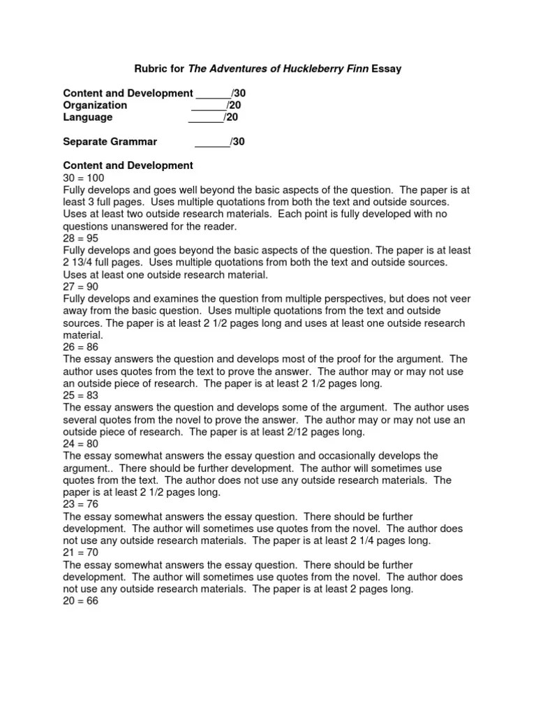 Rubric for the Adventures of Huckleberry Finn Essay Paragraph Grammar