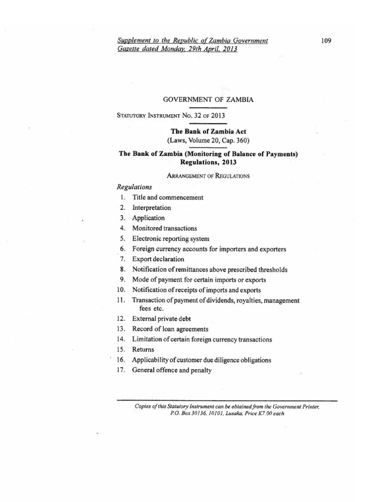 Statutory Instrument No. 32 of 2013. The Bank of Zambia (Monitoring of Balance of Payments