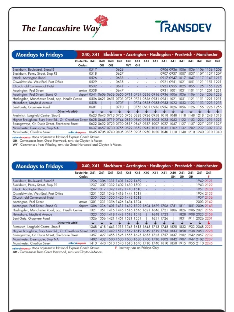 The Lancashire Way X41 Bus Timetable Transport Bus Transport