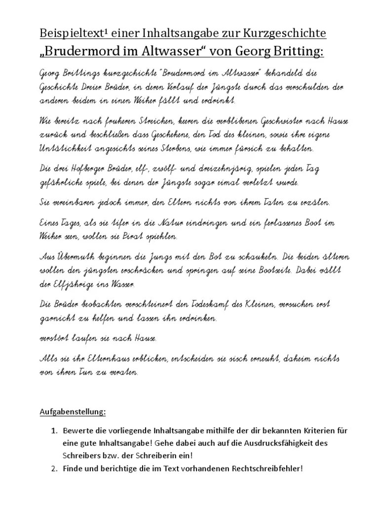 Beispieltext einer Inhaltsangabe zur Kurzgeschichte