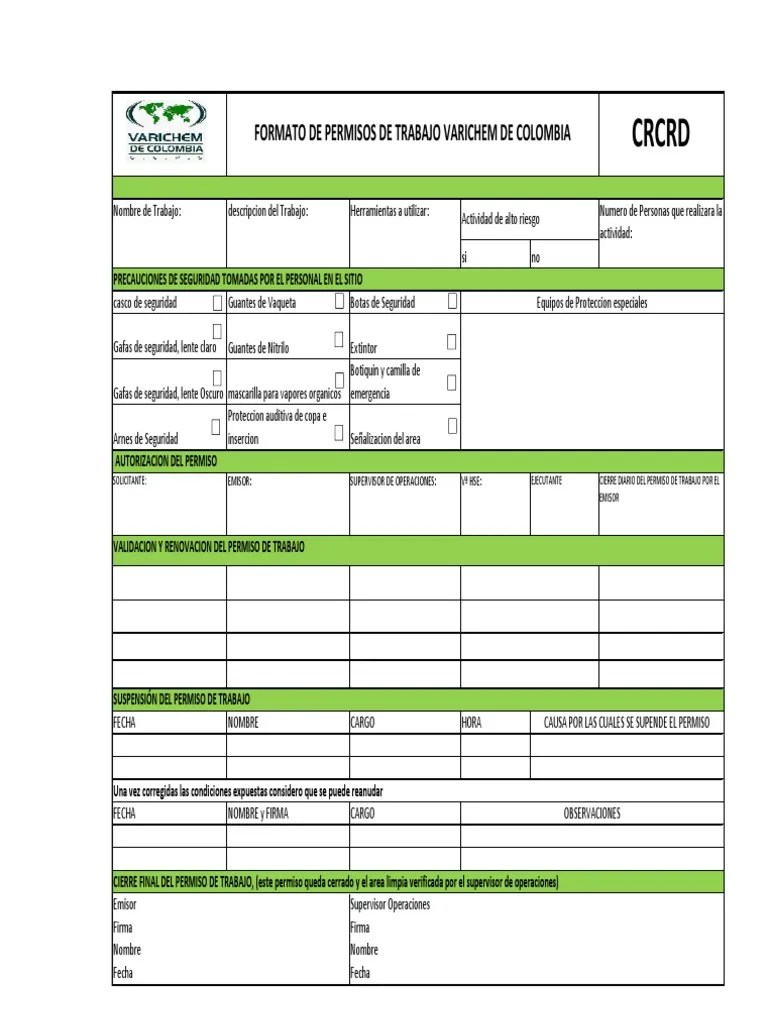 Modelo de Formato de Permisos de Trabajo