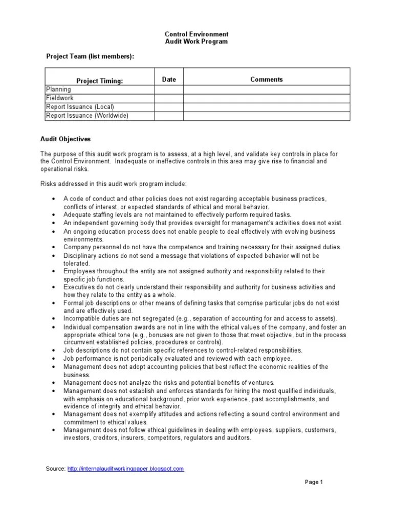 Control Environment Audit Work Program PDF Competence (Human