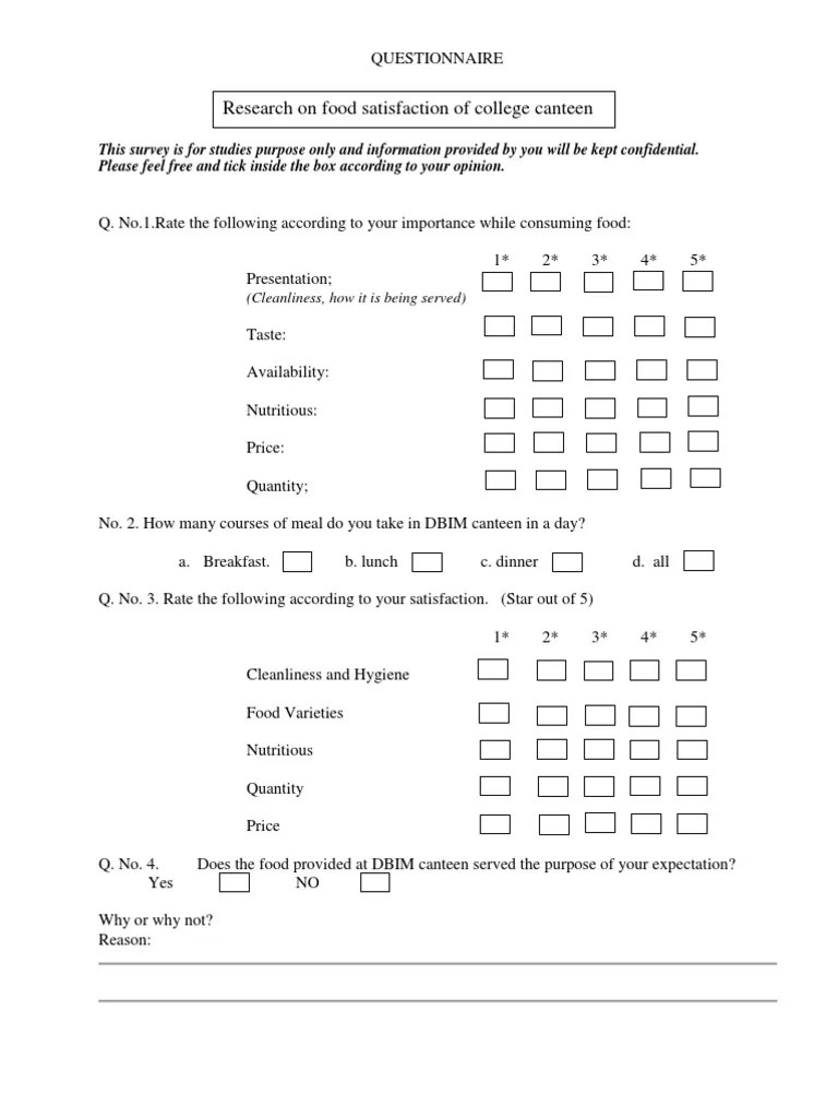 Questionnare On Food Satisfaction of College Canteen Questionnaire