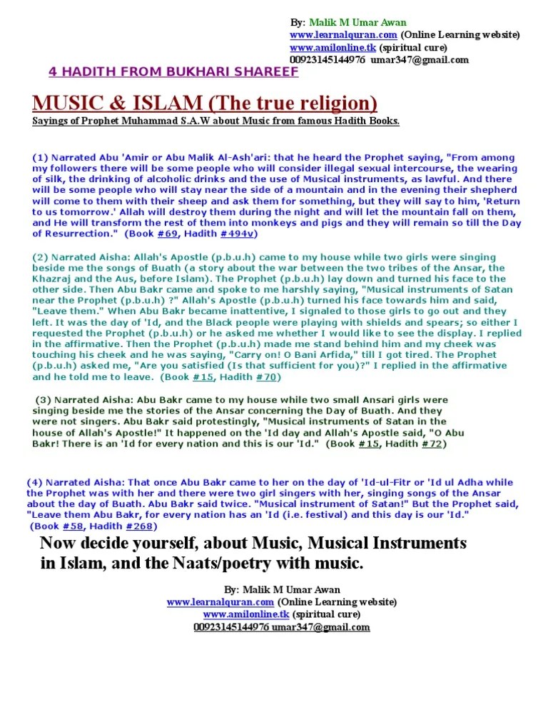 ISLAM and MUSIC or MUSICAL INSTRUMENTS in AHADITH (Sayings of Muhammad