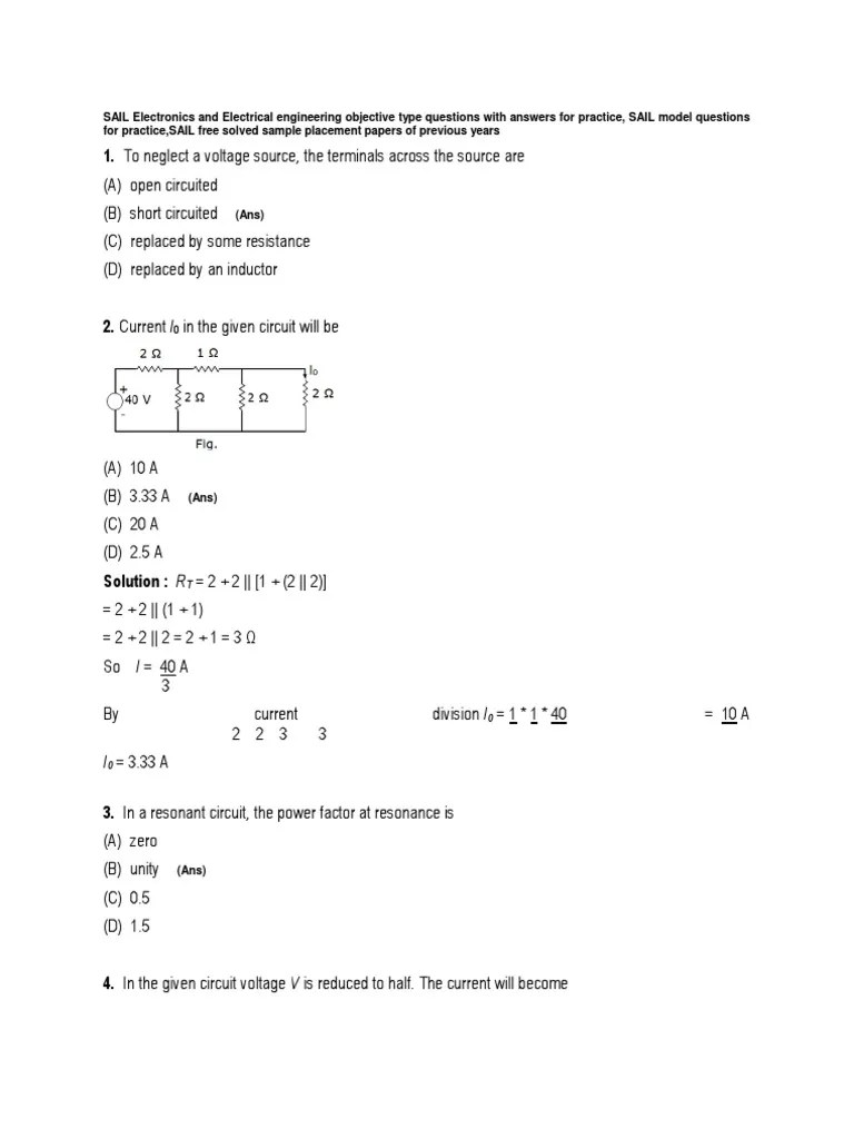SAIL Electronics and Electrical Engineering Objective Type Questions