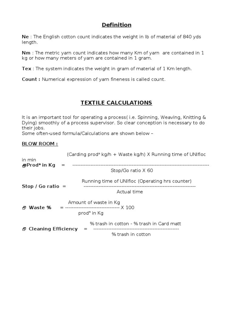 Textile Calculation PDF Clothing Industry Textiles