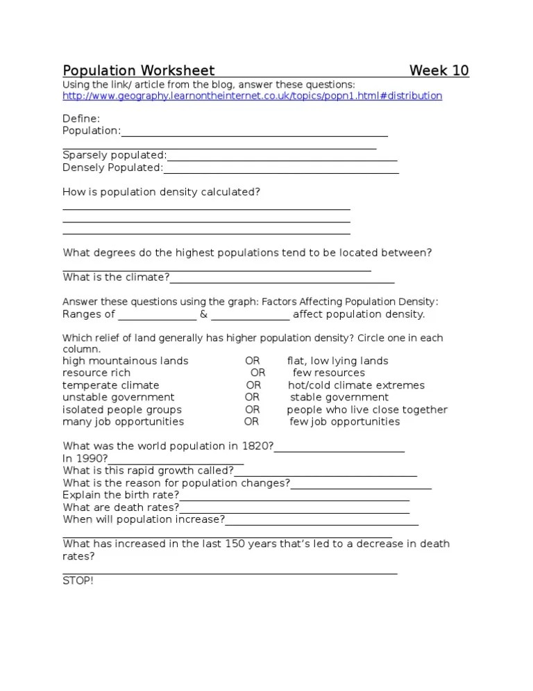 Population Worksheet PDF