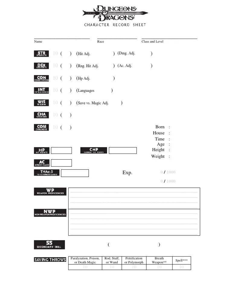 2nd Ed. AD&D Character Sheet PDF