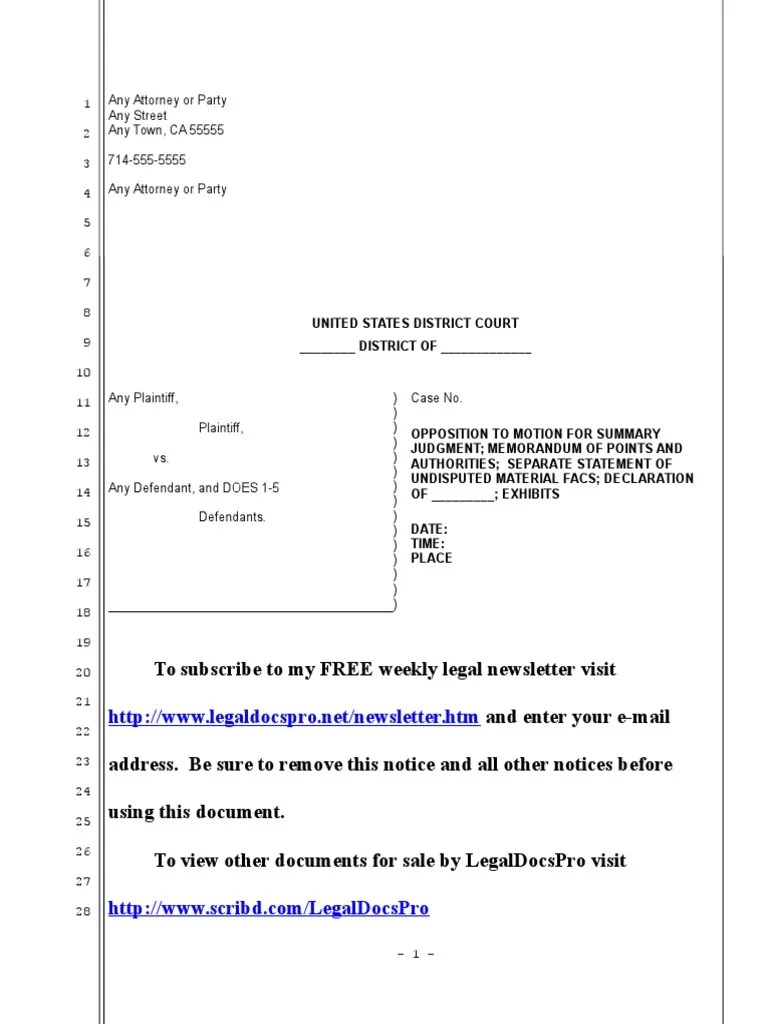 Sample Opposition to Rule 56 Motion for Summary Judgment in United