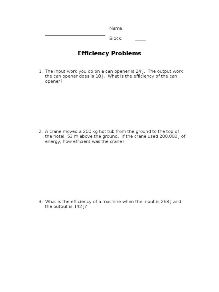 Calculating Efficiency Worksheet Answers