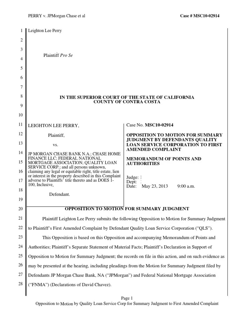 Opposition to QLS Motion for Summary Judgement Summary Judgment