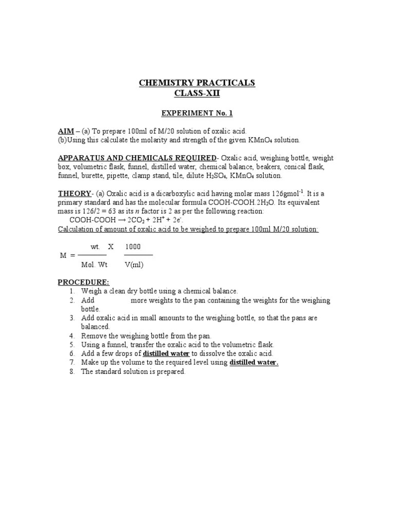 Chemistry Practical For Class 12th PDF Molar Concentration Titration