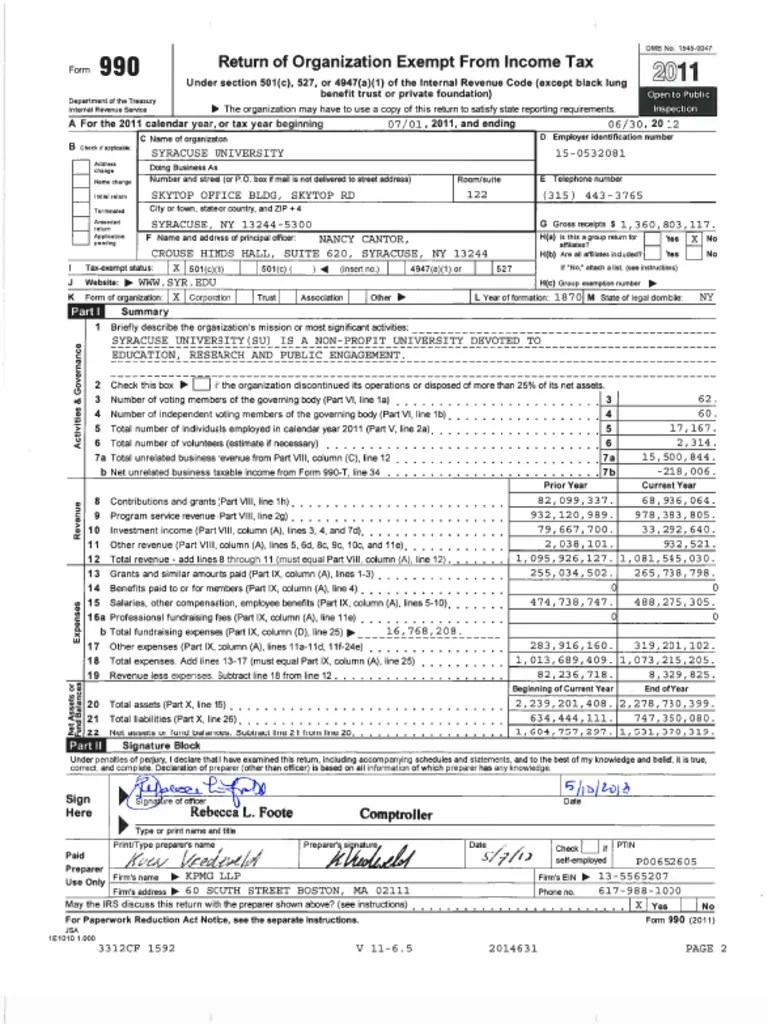 Syracuse University Form 990 for fiscal year 2012