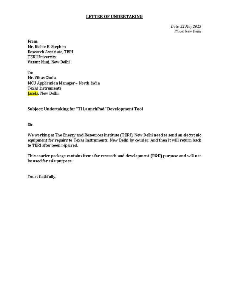 Sample Letter Of Undertaking A Maintenance Work