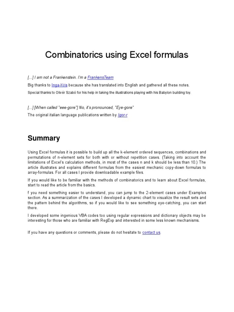 Combinatorics Using Excel Formulas Permutation Matrix (Mathematics)