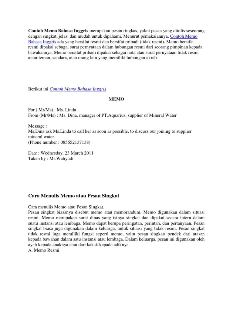 Contoh Memo Bahasa Inggris Merupakan Pesan Ringkas