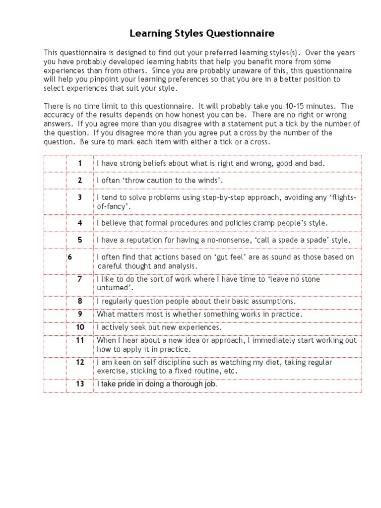 LS Questionnaire Learning Styles Mind